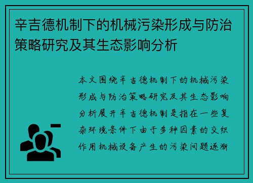辛吉德机制下的机械污染形成与防治策略研究及其生态影响分析