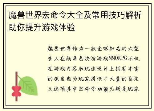魔兽世界宏命令大全及常用技巧解析助你提升游戏体验